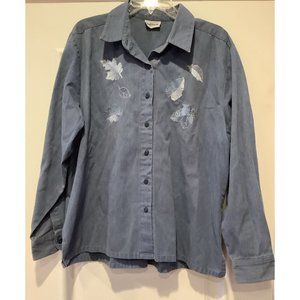 Womens Vintage Bonworth Embroidered Leaves Blue Denim Button Up Shirt Size Large